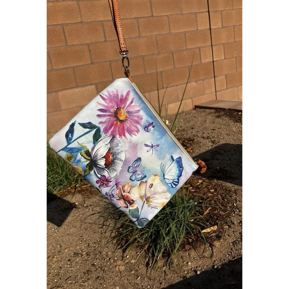 Brighton Belle Jardin Wristlet Clutch Purse Floral Butterfly Printed Leather